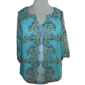 ROZ ALI Womens 1X 2pc Floral Chiffon Boho Sheer V-Neck 3/4 Sleeve Colorful Flaw*